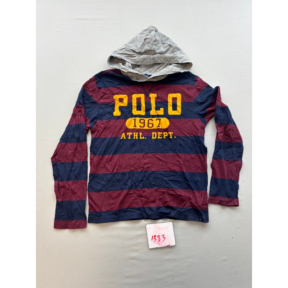 Polo Ralph Lauren Boys M 10-12 Hooded Shirt Striped 1967 Athl Dept Navy Burgundy